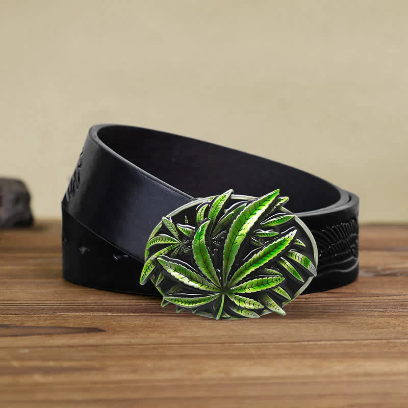 Men's DIY Green Maple Plant Buckle Leather Belt - Image 2
