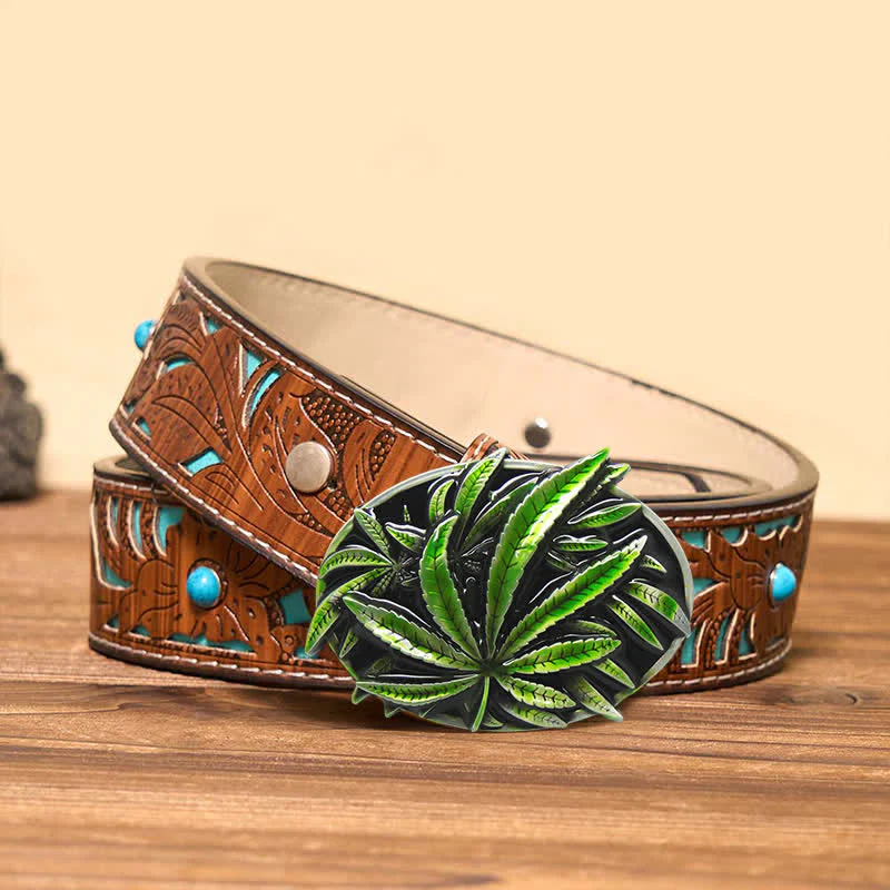 Men's DIY Green Maple Plant Buckle Leather Belt - Image 3