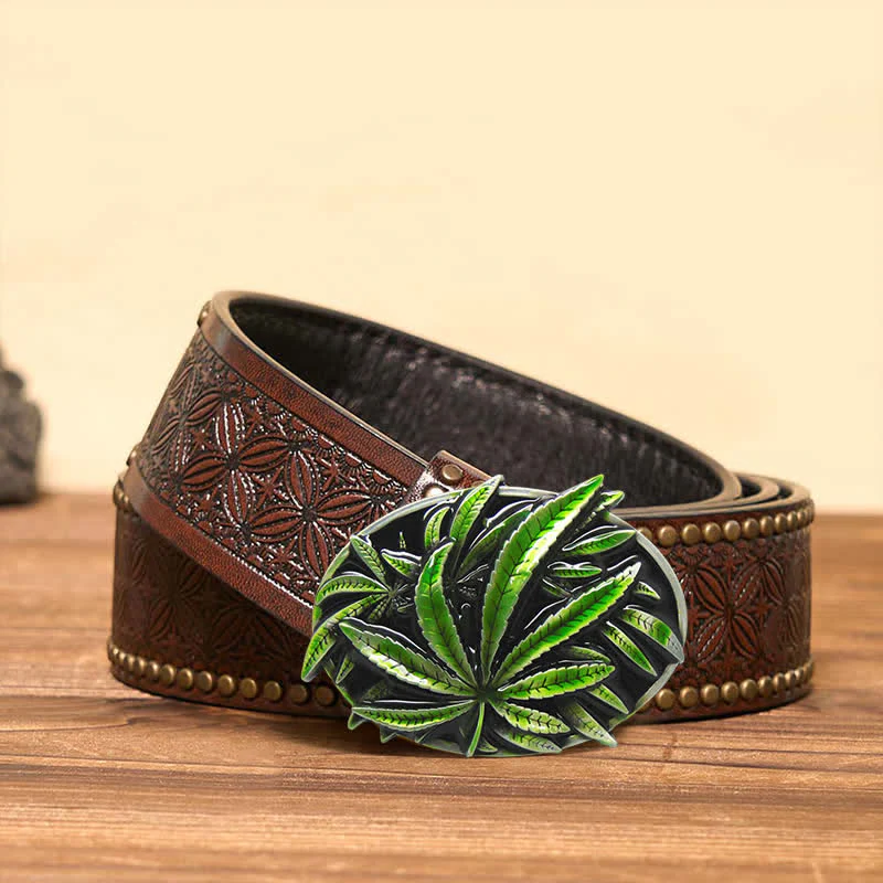 Men's DIY Green Maple Plant Buckle Leather Belt - Image 4