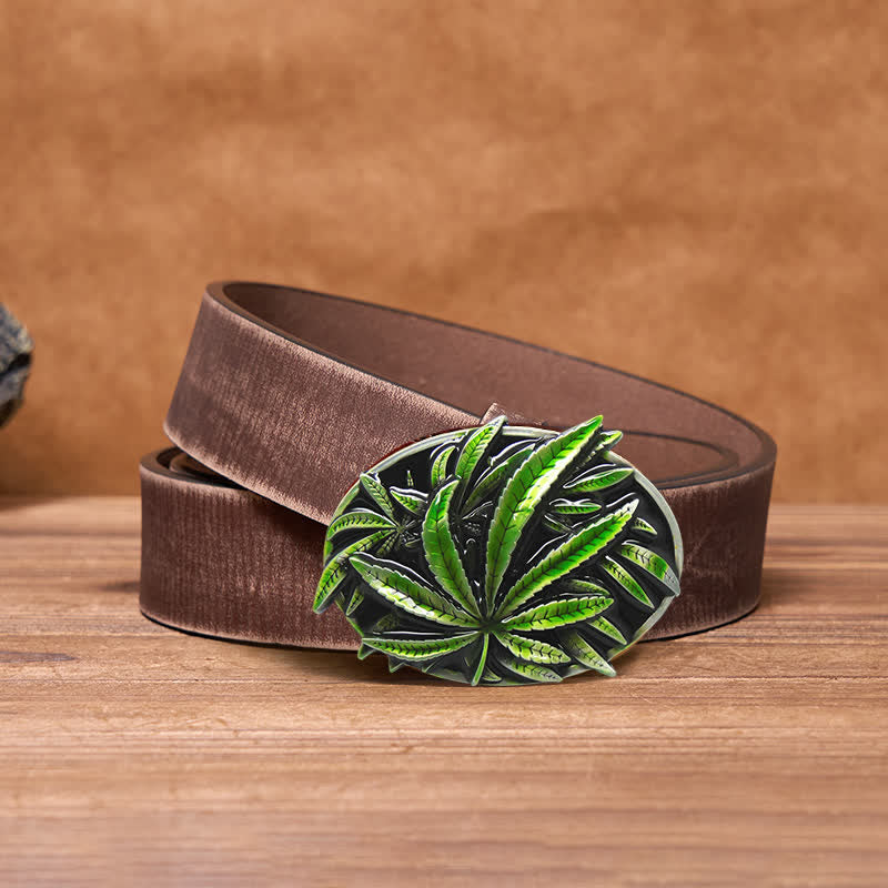 Men's DIY Green Maple Plant Buckle Leather Belt - Image 5