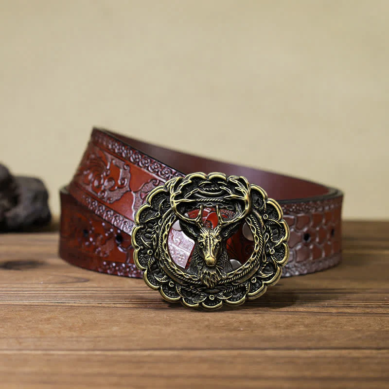 Men's DIY Hollow 3D Elk Antler Buckle Leather Belt - Image 18