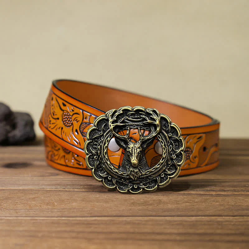 Men's DIY Hollow 3D Elk Antler Buckle Leather Belt - Image 24