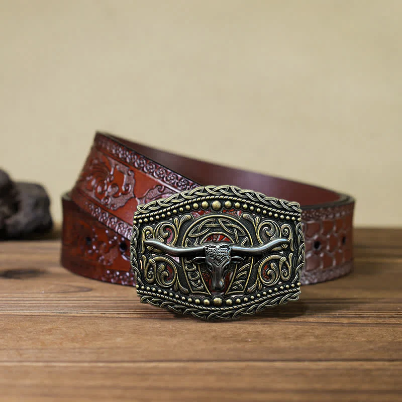 Men's DIY Hollow Bull Head Buckle Leather Belt - Image 12