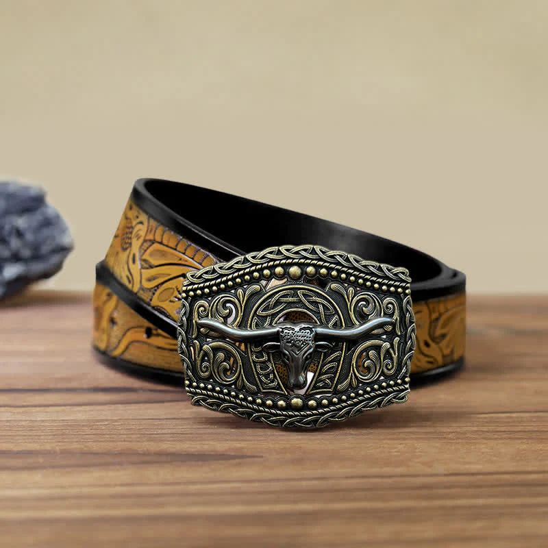 Men's DIY Hollow Bull Head Buckle Leather Belt - Image 14