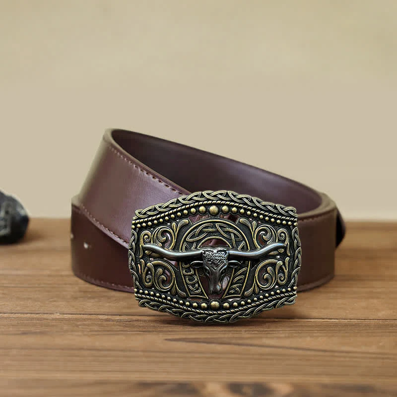 Men's DIY Hollow Bull Head Buckle Leather Belt - Image 8