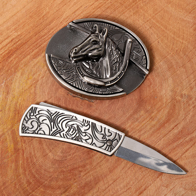 Men's DIY Horse Head Hidden Folding Knife Leather Belt - Image 2