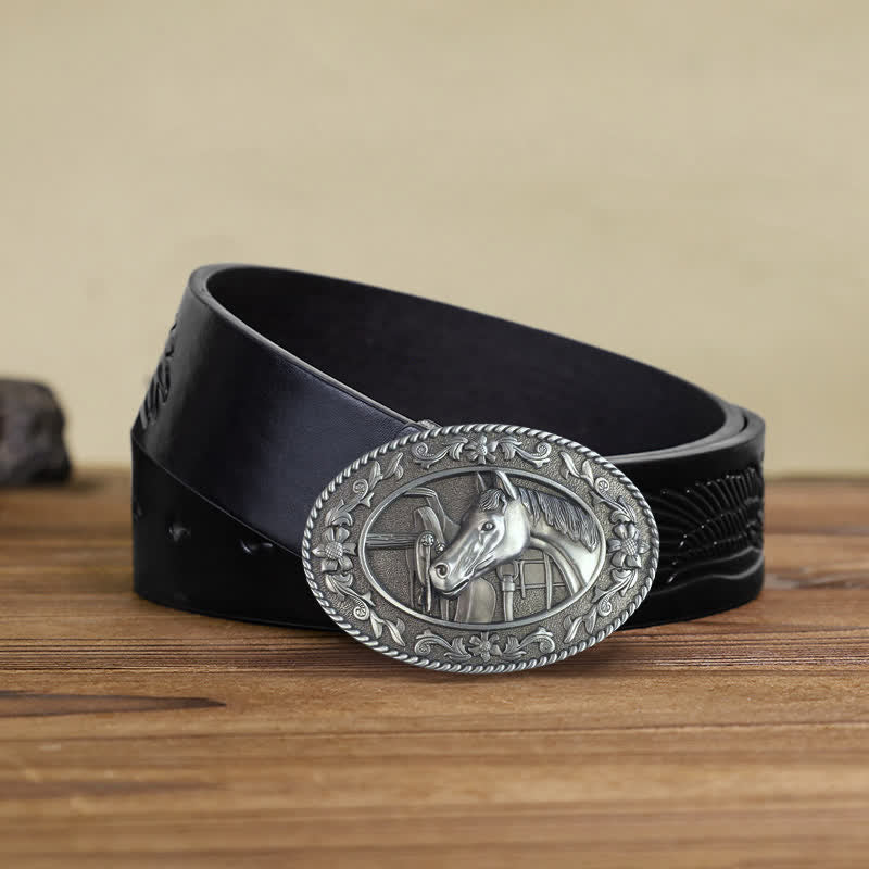 Men's DIY Horse Head Saddle Enameled Buckle Leather Belt - Image 13