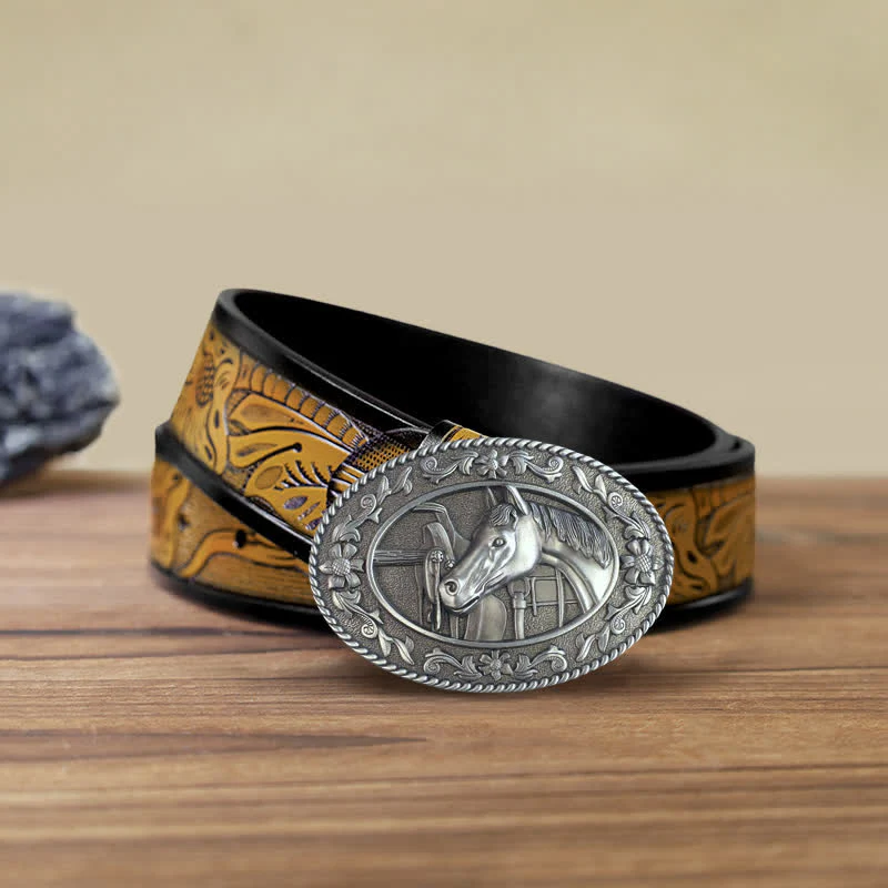 Men's DIY Horse Head Saddle Enameled Buckle Leather Belt - Image 17