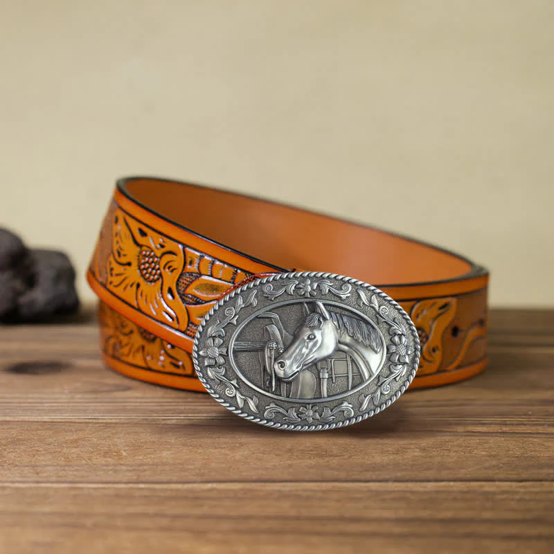 Men's DIY Horse Head Saddle Enameled Buckle Leather Belt - Image 18