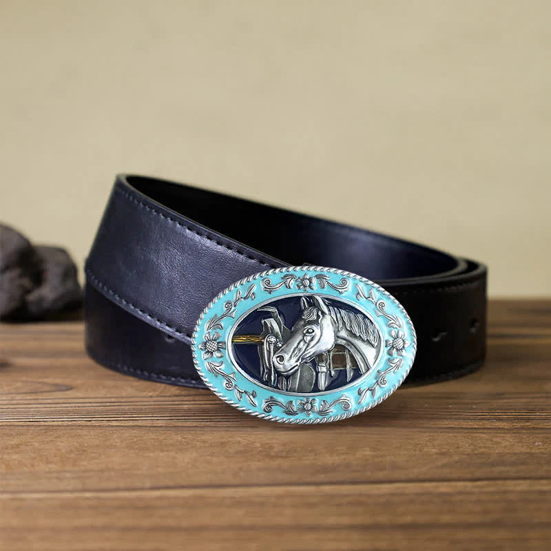 Men's DIY Horse Head Saddle Enameled Buckle Leather Belt - Image 3
