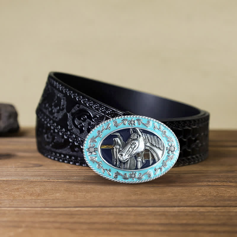 Men's DIY Horse Head Saddle Enameled Buckle Leather Belt - Image 6