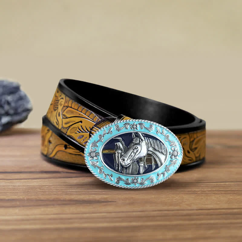 Men's DIY Horse Head Saddle Enameled Buckle Leather Belt - Image 8