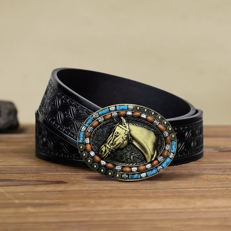Men's DIY Horse Head Turquoise Buckle Leather Belt - Image 11