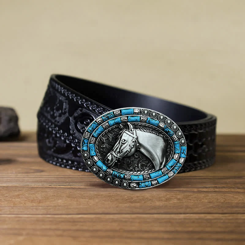 Men's DIY Horse Head Turquoise Buckle Leather Belt - Image 12