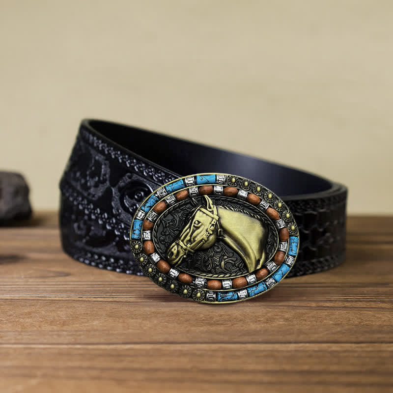 Men's DIY Horse Head Turquoise Buckle Leather Belt - Image 13
