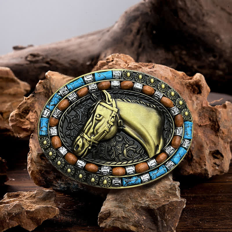 Men's DIY Horse Head Turquoise Buckle Leather Belt - Image 3