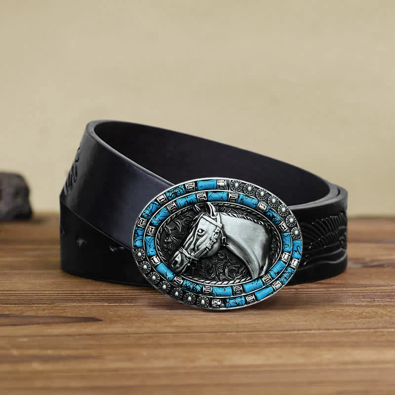 Men's DIY Horse Head Turquoise Buckle Leather Belt - Image 8