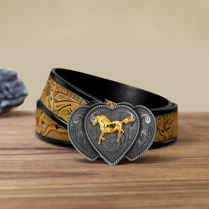 Men's DIY Horse Triple Heart Shaped Buckle Leather Belt - Image 12