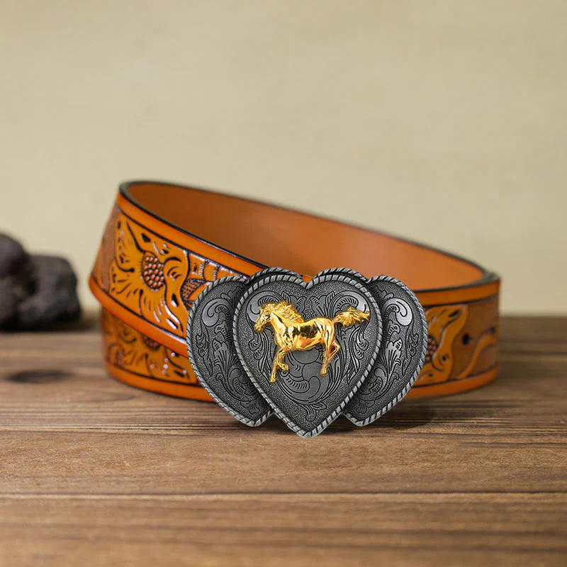 Men's DIY Horse Triple Heart Shaped Buckle Leather Belt - Image 14