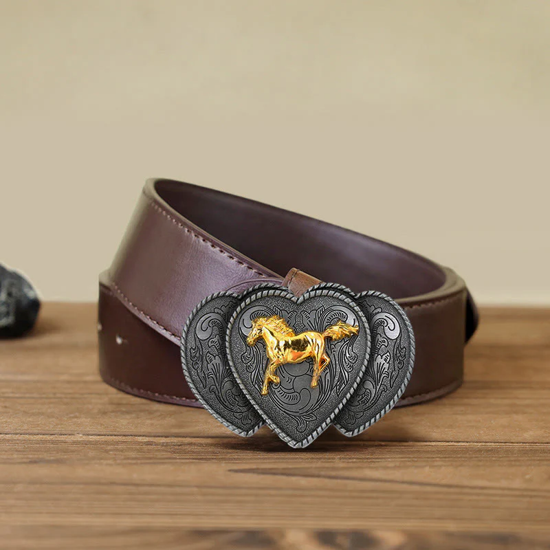 Men's DIY Horse Triple Heart Shaped Buckle Leather Belt - Image 7