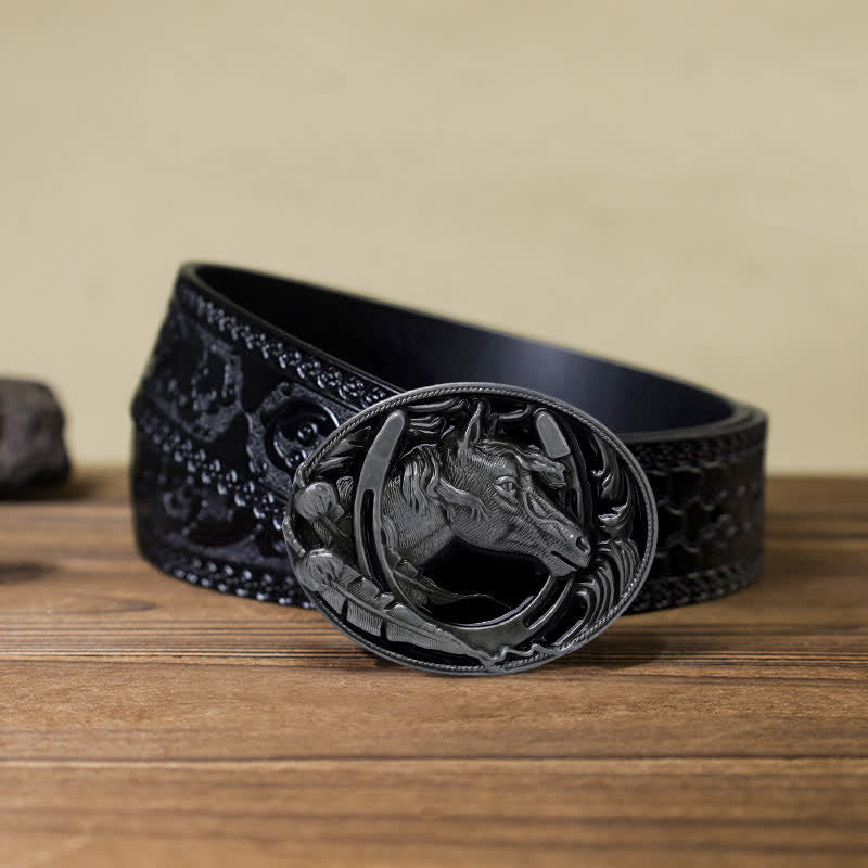 Men's DIY Horseshoe Black Enamel Buckle Leather Belt - Image 10