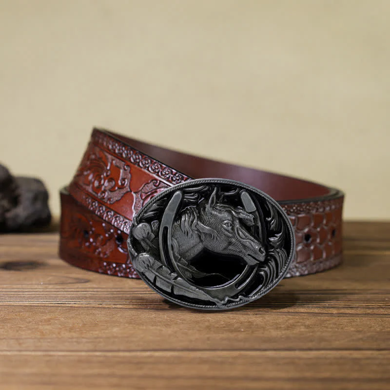 Men's DIY Horseshoe Black Enamel Buckle Leather Belt - Image 12