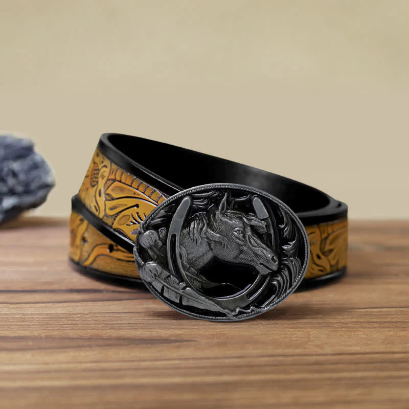 Men's DIY Horseshoe Black Enamel Buckle Leather Belt - Image 14
