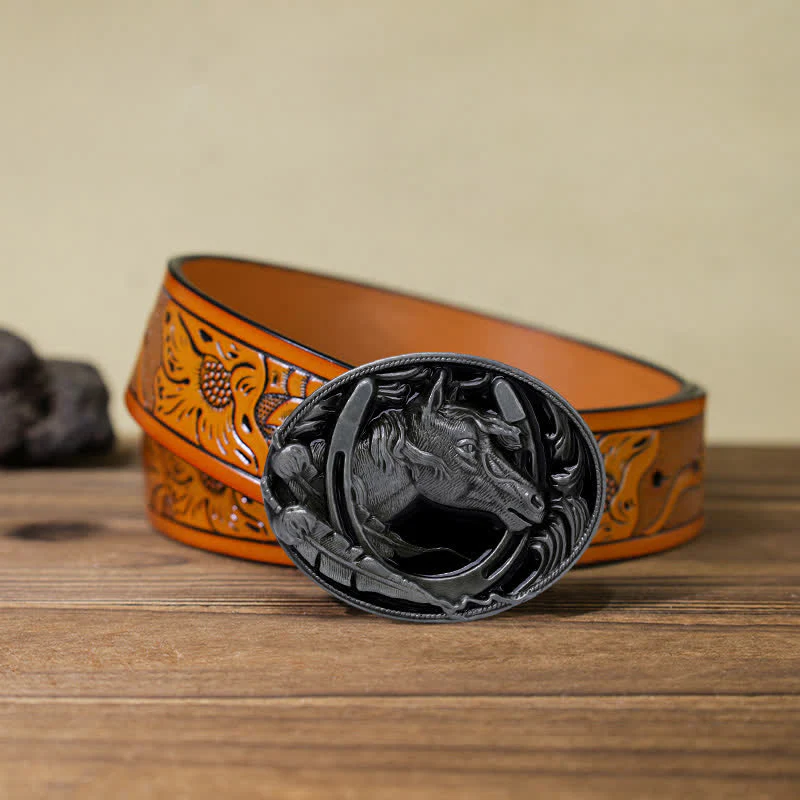 Men's DIY Horseshoe Black Enamel Buckle Leather Belt - Image 16