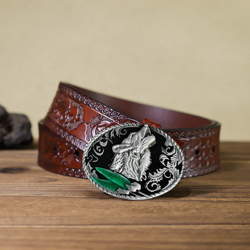 Men's DIY Howling Wolf Head Buckle Leather Belt - Image 14