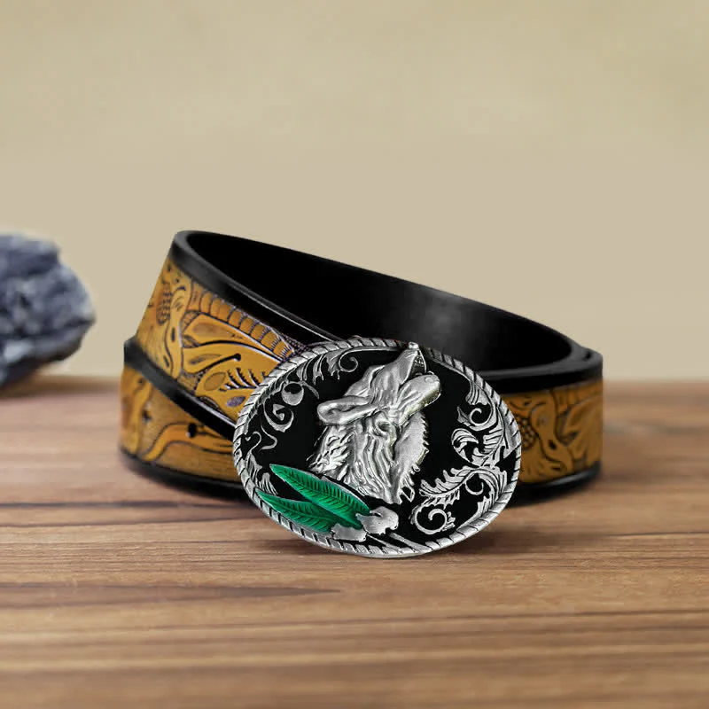 Men's DIY Howling Wolf Head Buckle Leather Belt - Image 16