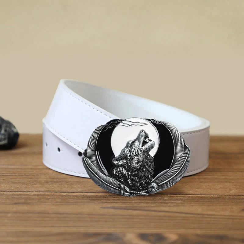 Men's DIY Howling Wolf Moon Oval Buckle Leather Belt - Image 10