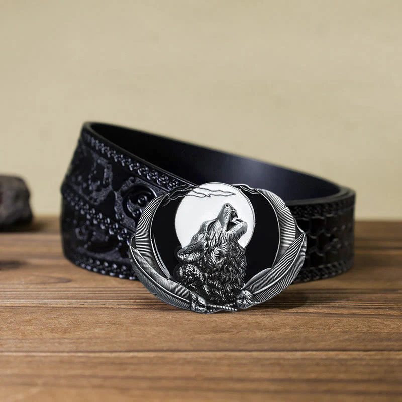 Men's DIY Howling Wolf Moon Oval Buckle Leather Belt - Image 14