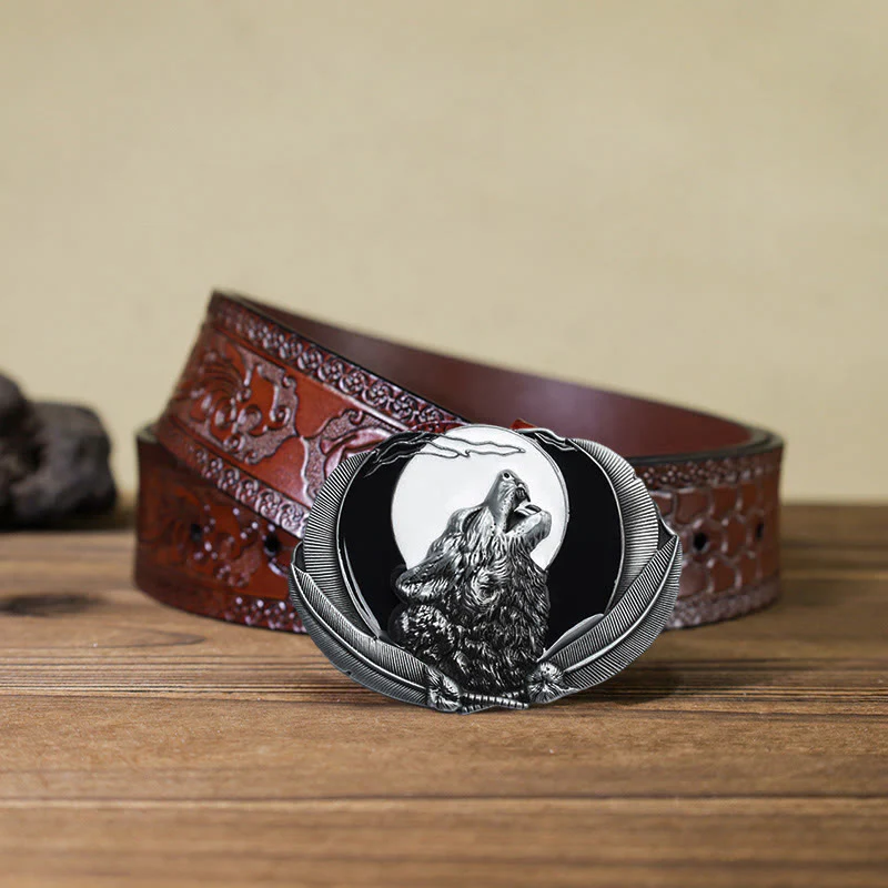Men's DIY Howling Wolf Moon Oval Buckle Leather Belt - Image 16