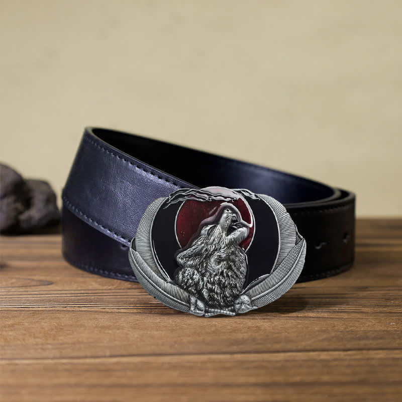 Men's DIY Howling Wolf Moon Oval Buckle Leather Belt - Image 7
