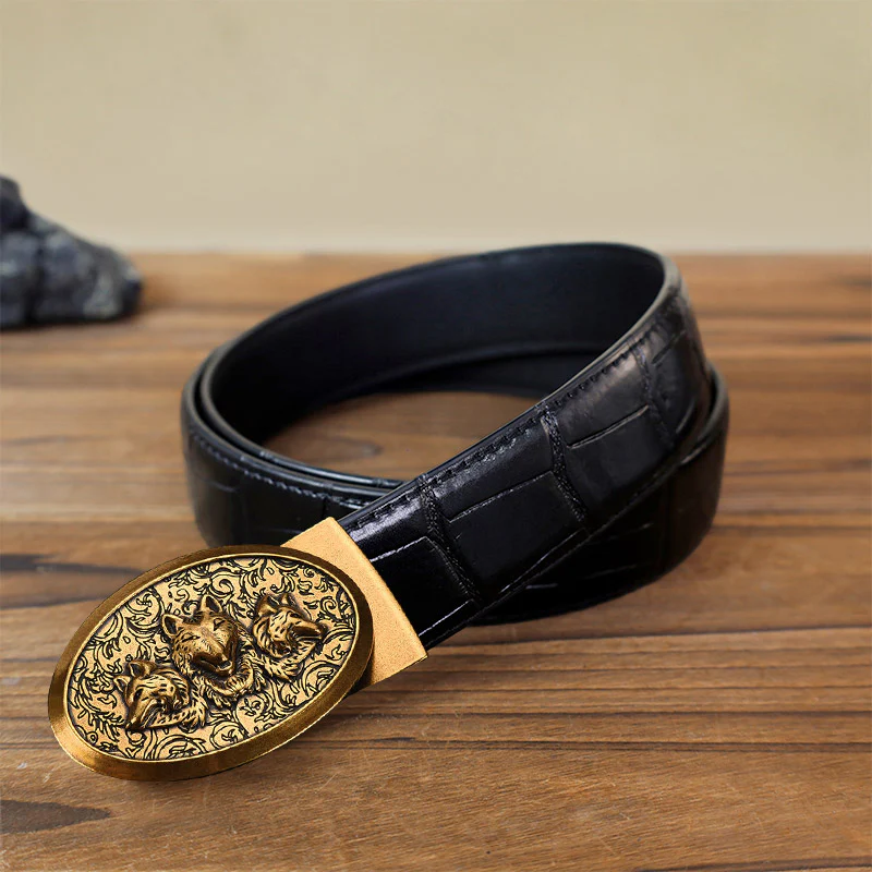 Men's DIY Hungry Wolves Automatic Buckle Leather Belt - Image 11
