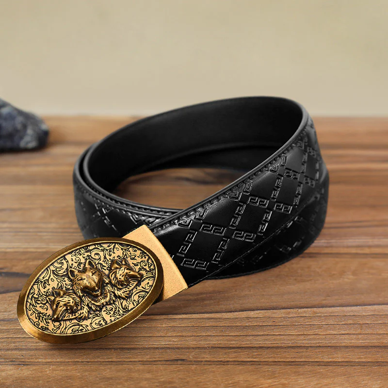 Men's DIY Hungry Wolves Automatic Buckle Leather Belt - Image 12
