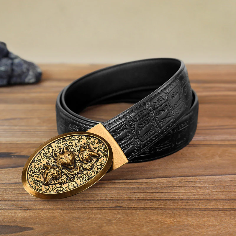 Men's DIY Hungry Wolves Automatic Buckle Leather Belt - Image 13