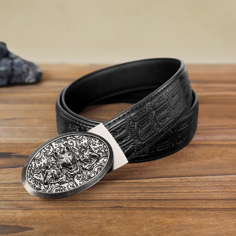 Men's DIY Hungry Wolves Automatic Buckle Leather Belt - Image 4