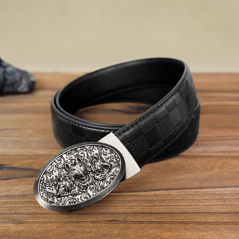 Men's DIY Hungry Wolves Automatic Buckle Leather Belt - Image 6