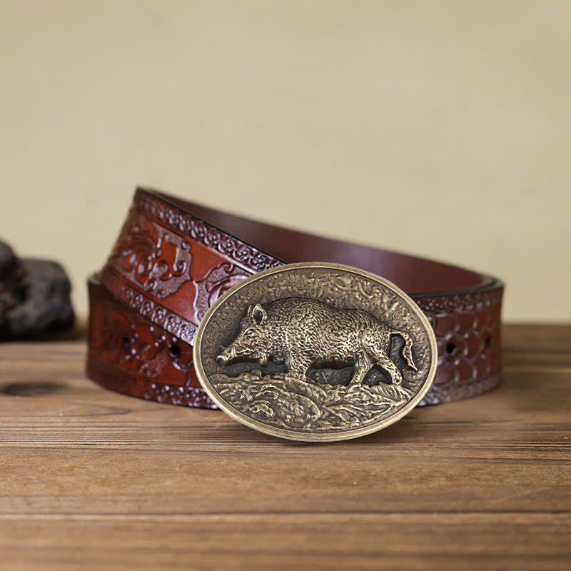 Men's DIY Hunter Wild Boar Buckle Leather Belt - Image 10