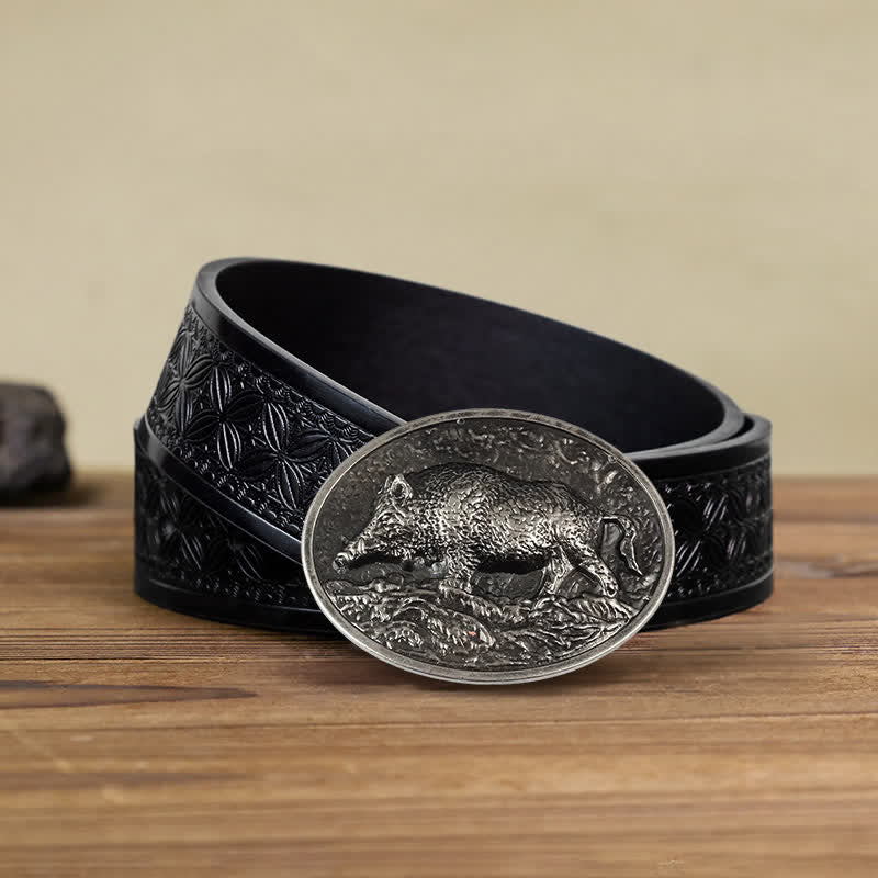 Men's DIY Hunter Wild Boar Buckle Leather Belt - Image 16
