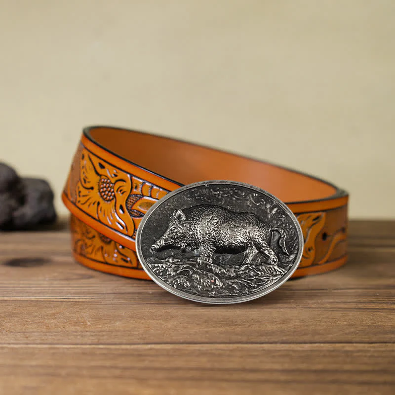 Men's DIY Hunter Wild Boar Buckle Leather Belt - Image 20