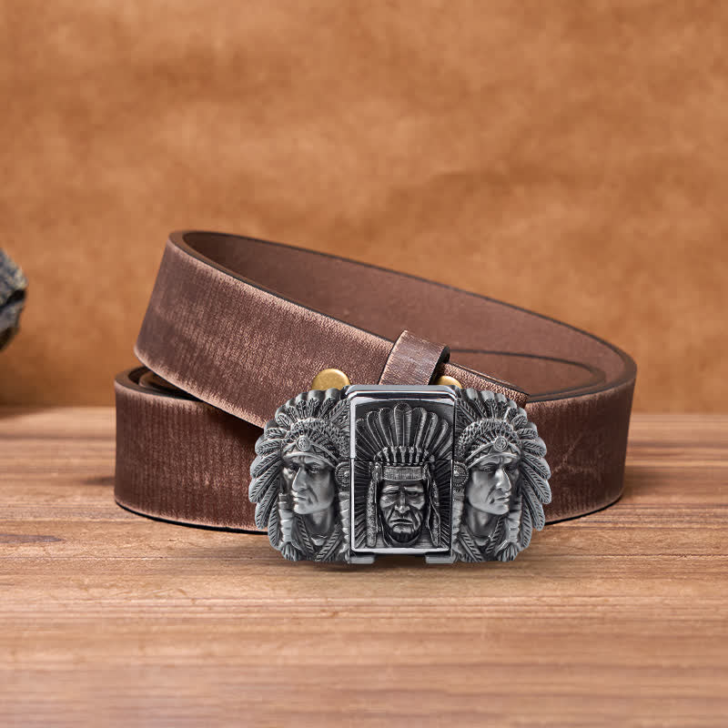 Men's DIY Indian Chief Head Leather Belt with Hidden Lighter - Image 15