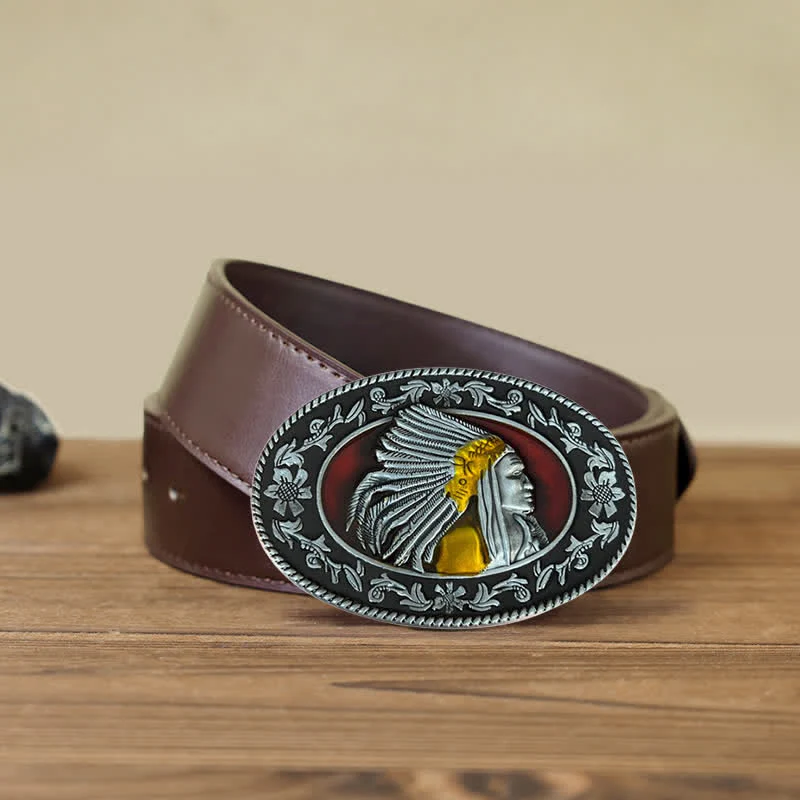 Men's DIY Indian Chief Tribal Buckle Leather Belt - Image 11