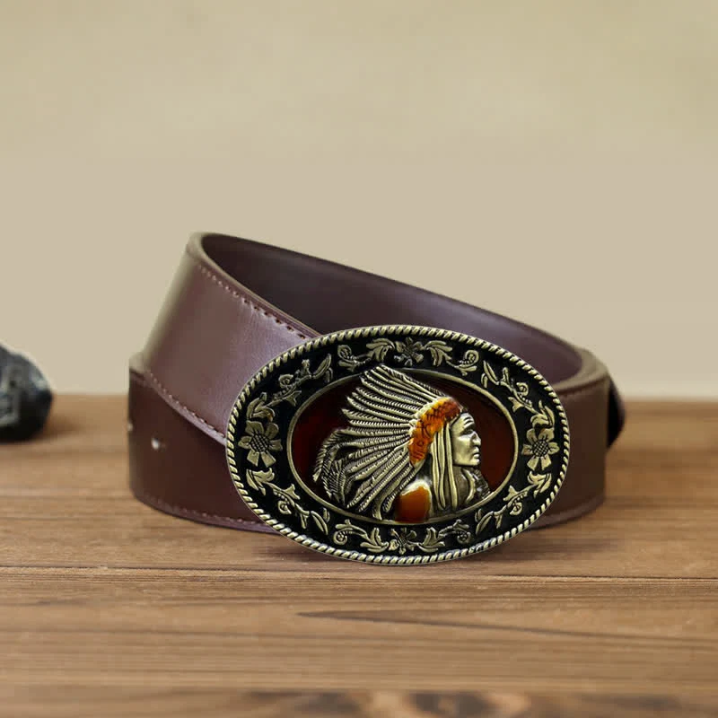 Men's DIY Indian Chief Tribal Buckle Leather Belt - Image 12