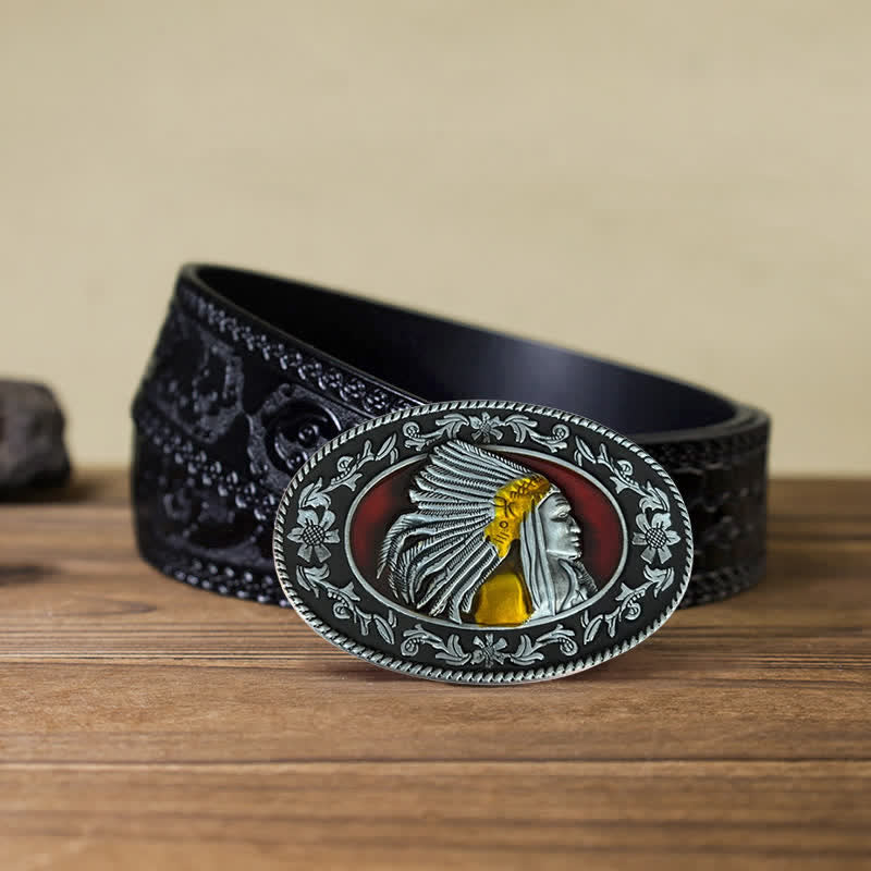 Men's DIY Indian Chief Tribal Buckle Leather Belt - Image 14