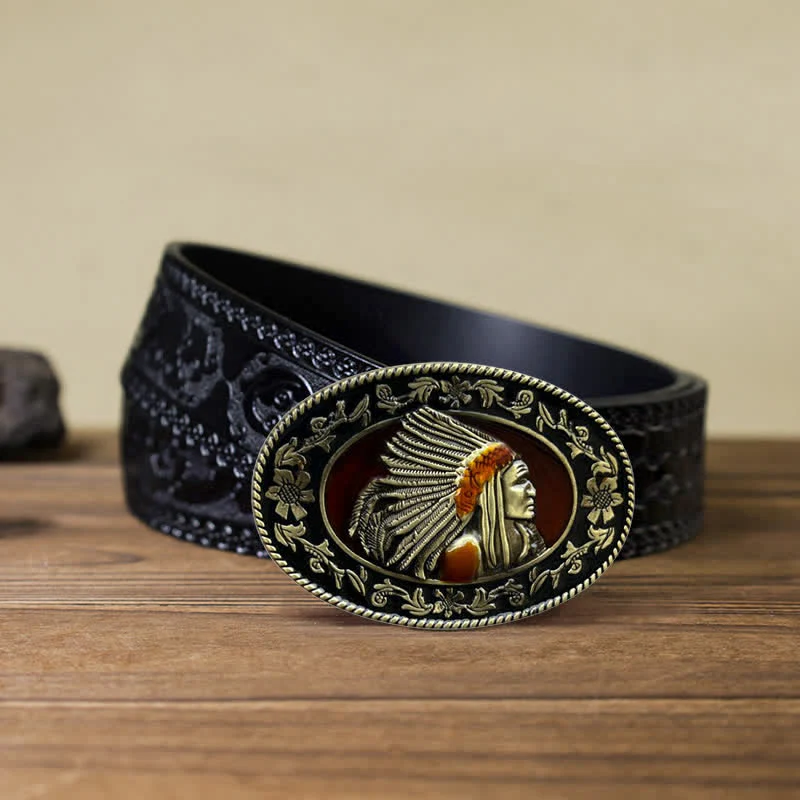 Men's DIY Indian Chief Tribal Buckle Leather Belt - Image 15