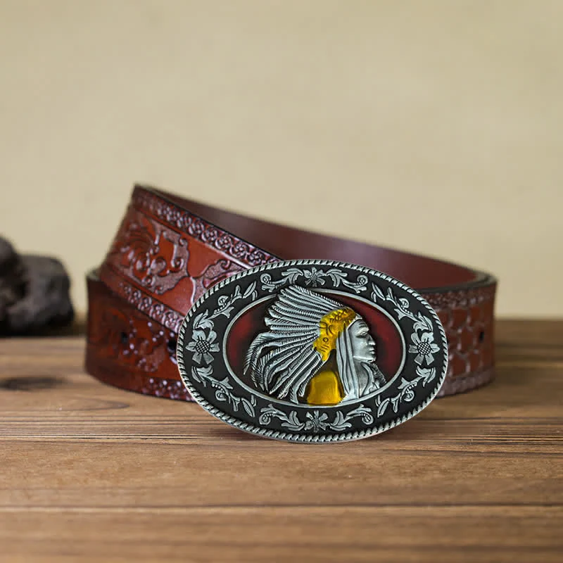 Men's DIY Indian Chief Tribal Buckle Leather Belt - Image 17