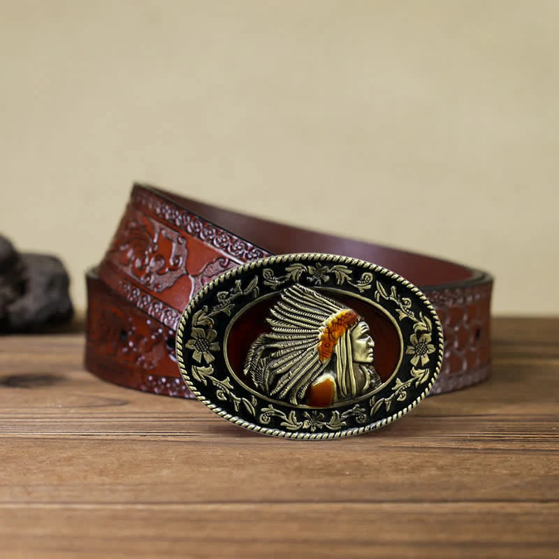 Men's DIY Indian Chief Tribal Buckle Leather Belt - Image 18