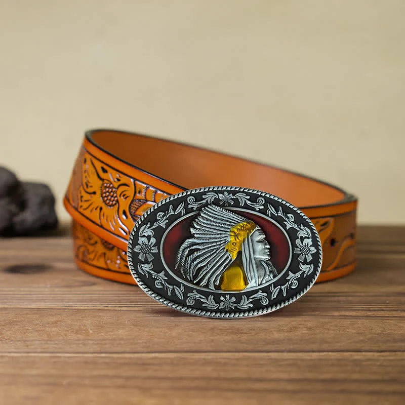 Men's DIY Indian Chief Tribal Buckle Leather Belt - Image 23